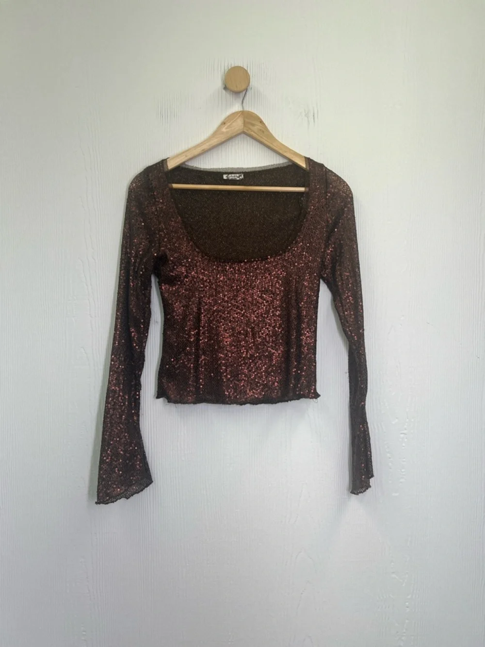 Free People - Late Night Disco Sequins Long Sleeve Fudge Brown Blouse Size Small